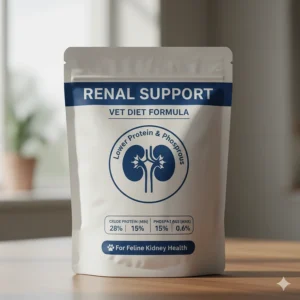 Close-up of a renal cat food label showing lower protein and phosphorus levels for kidney health.