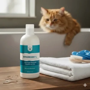 Bottle of vet-recommended ringworm shampoo for cats with antifungal ingredients like miconazole and chlorhexidine, next to a clean towel.