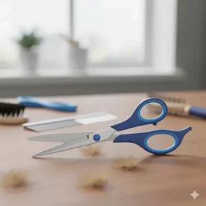 Close-up of rounded-tip safety scissors, often included in a premium cat grooming kit.