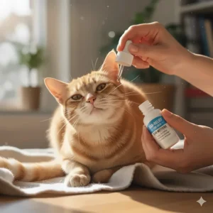 Step-by-step image showing the safe and gentle application of ear mite drops to a cat.