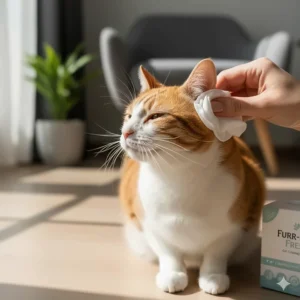 Illustration of correctly using a wipe to clean the outer ear flap of a domestic shorthair cat.