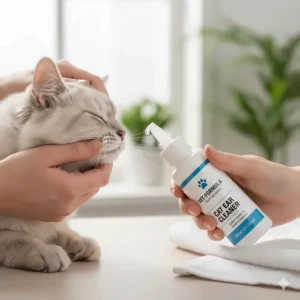 A bottle of veterinary-approved safe cat ear cleaner solution for routine hygiene.