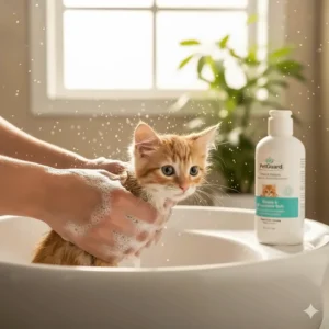 Small, fluffy kitten being safely and carefully washed with a tear-free flea shampoo formula.