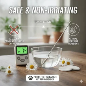 Diagram showing a pH-balanced formula, emphasizing that the cat eye wipes are safe and non-irritating for feline use.