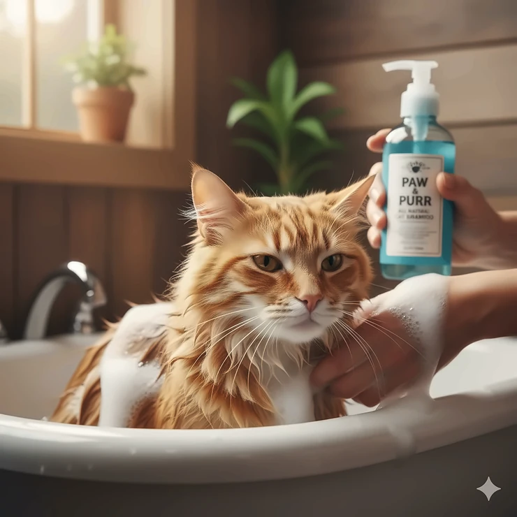 A calm orange cat is enjoying a bath with gentle, all-natural shampoo for cats.