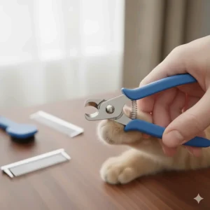 Illustration of specialized safety cat nail clippers being used to trim a cat's claw.