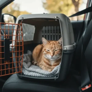 A calm, partially sedated cat resting comfortably inside a secured pet carrier for transport, highlighting safe travel with a sedative.