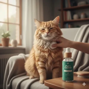 Image of an elderly or anxious cat calmly receiving a quick clean with a no-rinse formula.