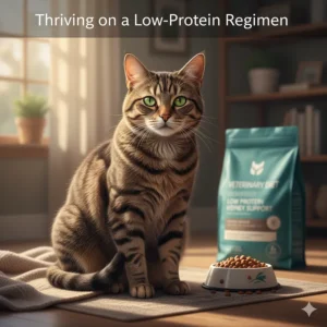 A happy senior cat looking healthy and maintaining muscle mass while successfully eating a prescribed low protein cat food regimen.