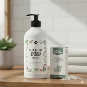 Comparison of a cat flea shampoo bottle next to a topical spot-on flea treatment.