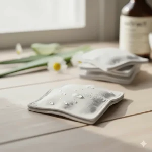 Close-up macro shot of a single, soft, pre-moistened cat ear wipe folded and ready for use.