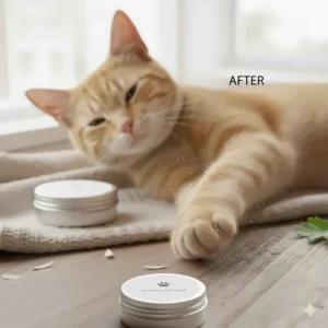 An illustration depicting a cat comfortably resting, showing how the cat paw balm soothes dryness and reduces licking or irritation.