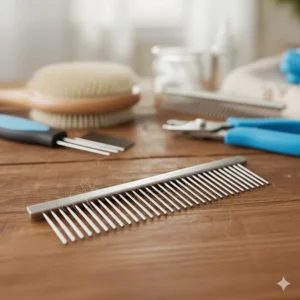 Diagram of a stainless steel grooming comb with fine and wide teeth for a cat's fur.