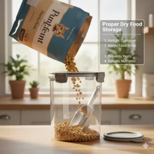 A clear image demonstrating the proper airtight storage of a bag of dry cat food to maintain freshness and safety.