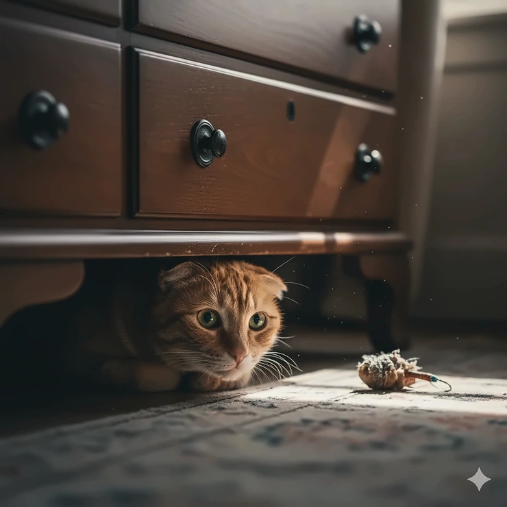 An illustration showing a highly stressed cat hiding under furniture, indicating a situation where a mild cat sedative might be necessary.