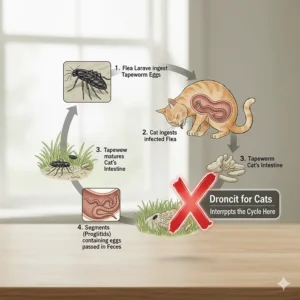 Diagram of the cat tapeworm lifecycle, highlighting where Droncit for cats interrupts the infection.