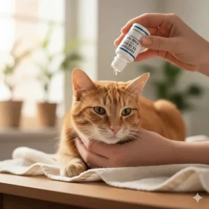 Illustration of vet-prescribed topical ear mite drops for cats, which are administered directly into the ear canal to treat mites.