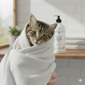 Happy cat wrapped in a towel after a soothing bath with flea and tick shampoo.