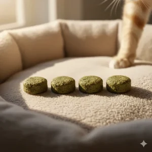 Four premium cat treats with catnip placed neatly on a soft, beige cat bed.