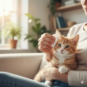 Gentle owner using a moist cat ear wipe to clean the outer ear of a fluffy kitten.