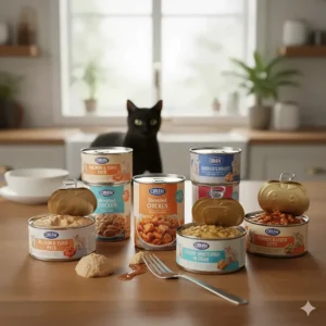 A selection of various flavors and textures of wet cat food and pâté available in easy-open cans.
