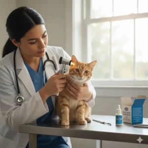 Veterinarian using an otoscope to check a cat's ear for ear mites, confirming the need for OTC cat ear mite medicine.
