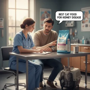 Veterinarian and a pet owner discussing the best cat food for kidney disease during a check-up.