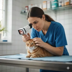 A veterinarian examining a cat's ear with an otoscope to confirm the presence of ear mites before prescribing the correct medicine.