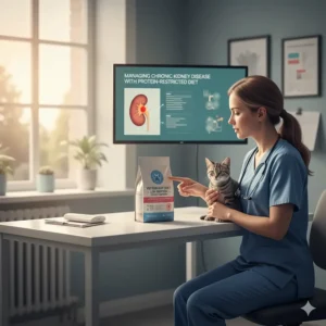 A veterinarian consulting with a cat owner about starting a prescription low protein cat food for feline renal health.