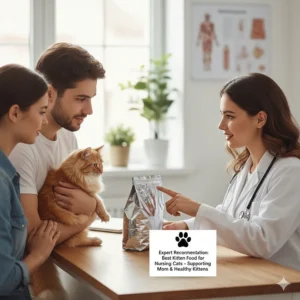Veterinarian recommending the best kitten food for a cat that is currently nursing.