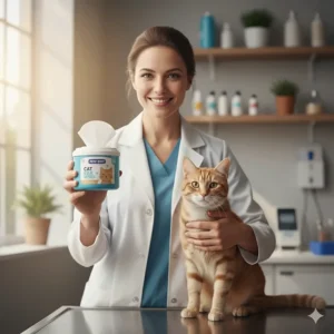 Image of a veterinarian holding up and recommending a tub of non-irritating cat ear wipes.