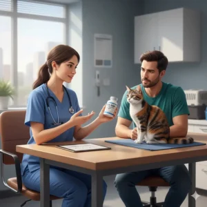 A veterinarian discussing the need for iron supplements with a cat owner.
