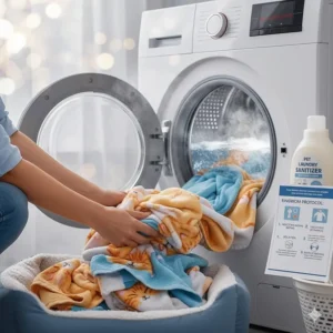 Washing cat bedding and towels in hot water, illustrating the necessary environmental disinfection step alongside ringworm shampoo treatment.