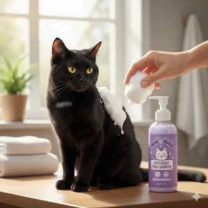 A hand applying waterless foam shampoo for cats directly to the fur of a reluctant black cat.