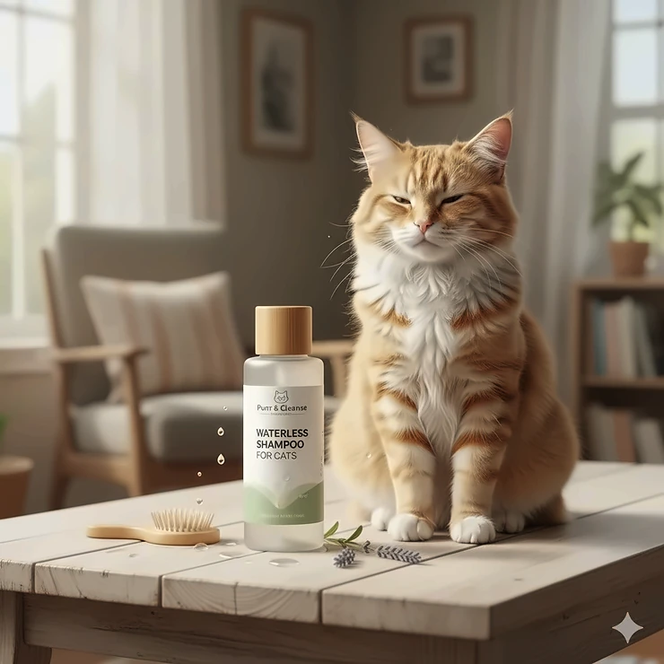 High-quality photo of a bottle of waterless shampoo for cats next to a happy, freshly groomed cat.
