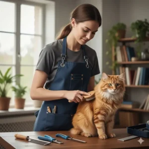 Illustration of a cat owner wearing a protective, waterproof grooming apron while using the cat grooming kit.