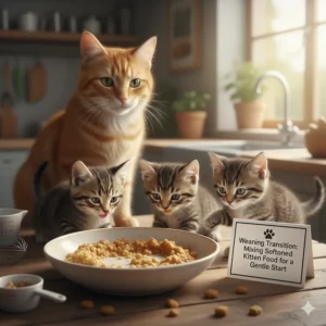 Showing how to mix kitten food with water for a smooth weaning transition.