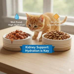 Two bowls side-by-side, one with wet cat food and one with dry kibble, emphasizing hydration for kidney disease.