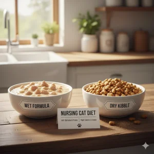 Comparing wet and dry kitten food options for a nursing cat's diet.