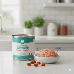High-moisture, wet low protein cat food in a can, rich in essential Omega-3 fatty acids for a cat with kidney issues.