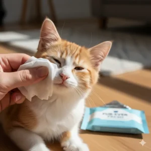 Close-up of a hand using a moist, gentle wipe to safely clean a kitten's eyes and face.