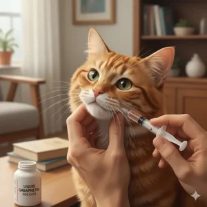 Step-by-step graphic showing the proper technique for administering liquid gabapentin into a cat's mouth using a measured oral syringe.