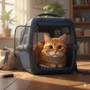 An anxious cat inside a carrier, demonstrating the importance of giving a sedative prior to stressful events like transport for grooming.