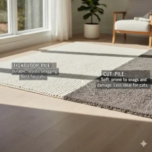 A guide comparing area rug textures—showing looped versus cut pile—to help choose the best rugs for cats.