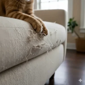 Close-up of a high-pile or loose-weave fabric (like tweed or chenille) that cats love to scratch, illustrating materials to avoid.