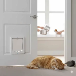View of a fully closed bedroom door with a cat door, emphasizing noise reduction and privacy for the owner and the pet.