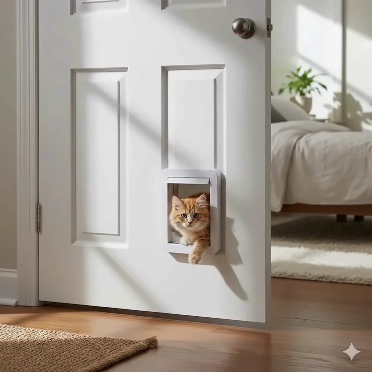 A white bedroom door with a small, secure cat door installed at the bottom, allowing the cat access to the room.