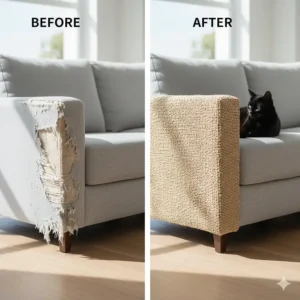 Split image showing a damaged couch corner (before) and the same corner protected by a fitted cat scratcher (after).