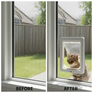 Side-by-side comparison of a standard window screen and the same screen after installation of the specialized cat door.