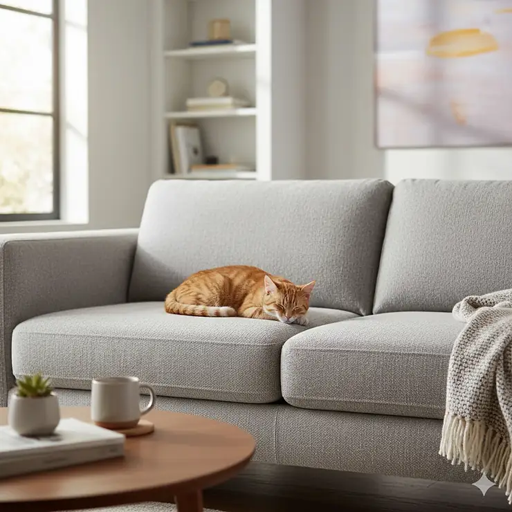 Microfiber couch with a cat sleeping on it, illustrating the best couch material for cats that is durable and scratch-resistant.